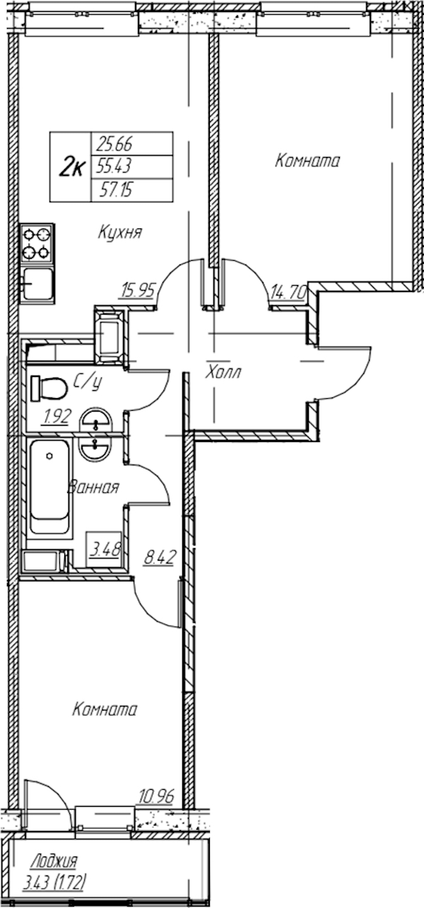 2-комнатная квартира 57.15 м², 10/22 эт., ЖК «Парк-квартал Юнтолово»